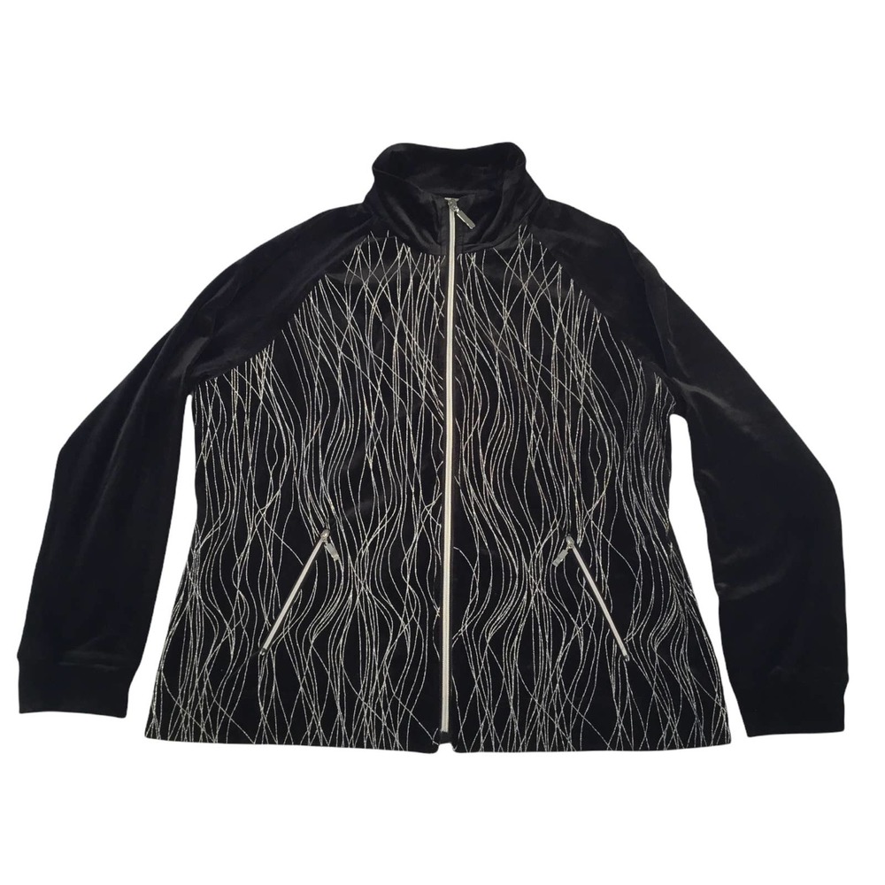 Black Silver Zip Sweater Petite Large Velour Bling NWOT